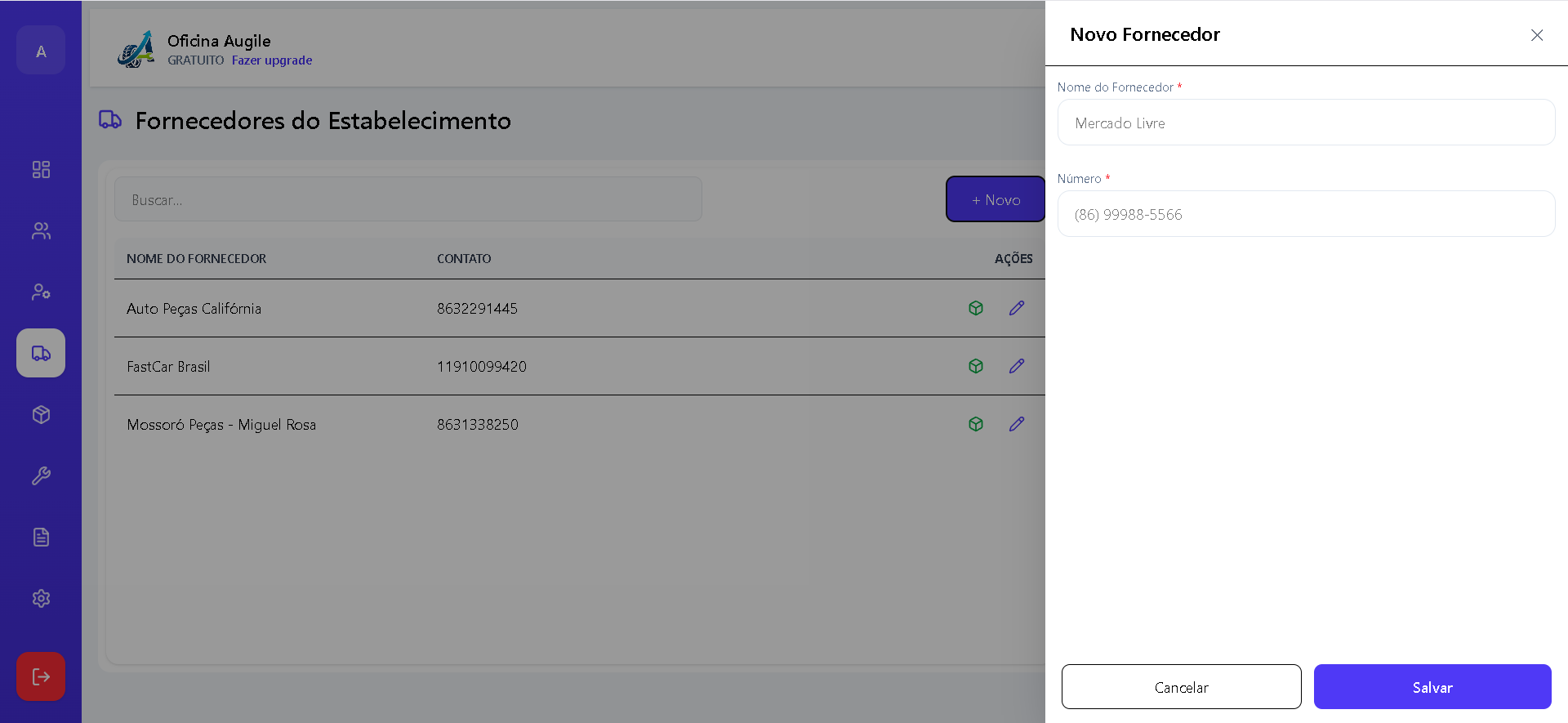 Tela da Augile: Fornecedores